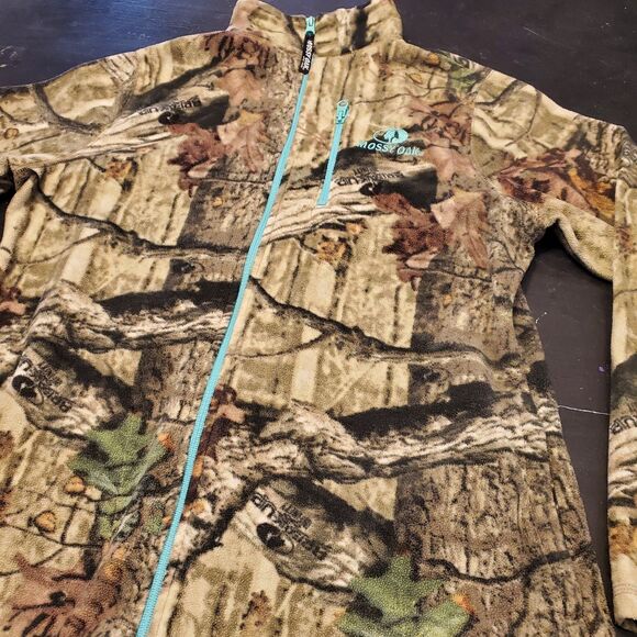 Mossy Oak Jacket Women Sz L Full Zip Camo Fleece Thumb Holes Teal Blue Trim Hunt - Picture 3 of 7